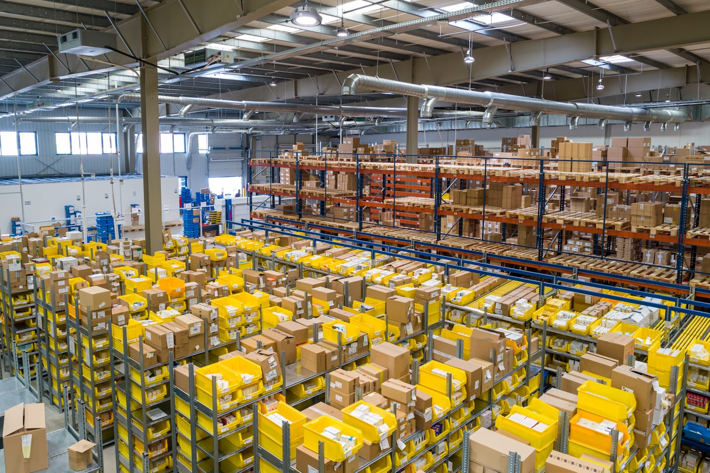 Warehouse aisles with packed inventory